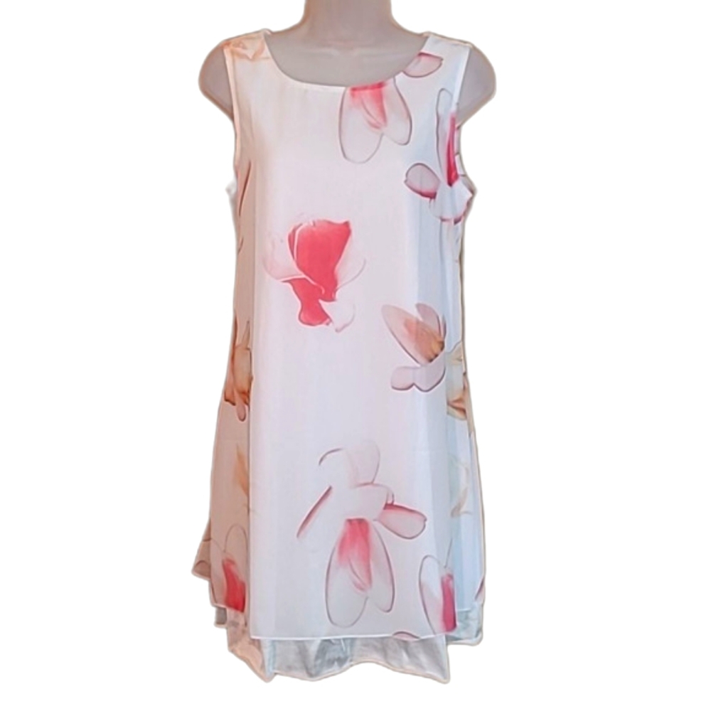 Floral Chiffon Mini Dress Sheer Lined Sleeveless Shift Tunic Boat Neck Flowery - Picture 17 of 17